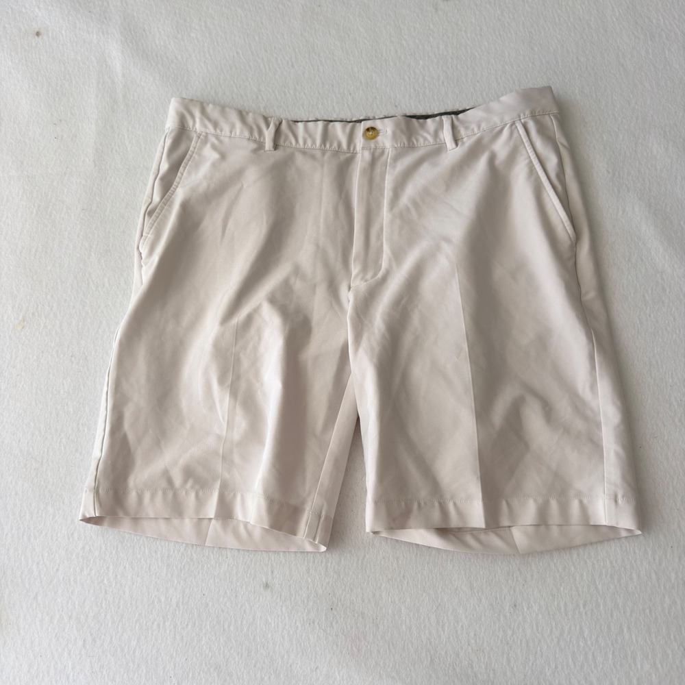 Greg Norman Mens Golf Shorts Size 36 Beige Flat Front Performance Stretch Shark